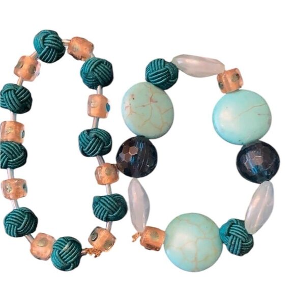 NWT Angelas Designs two boho handmade Turquoise beaded stretchy bracelets - Picture 1 of 4